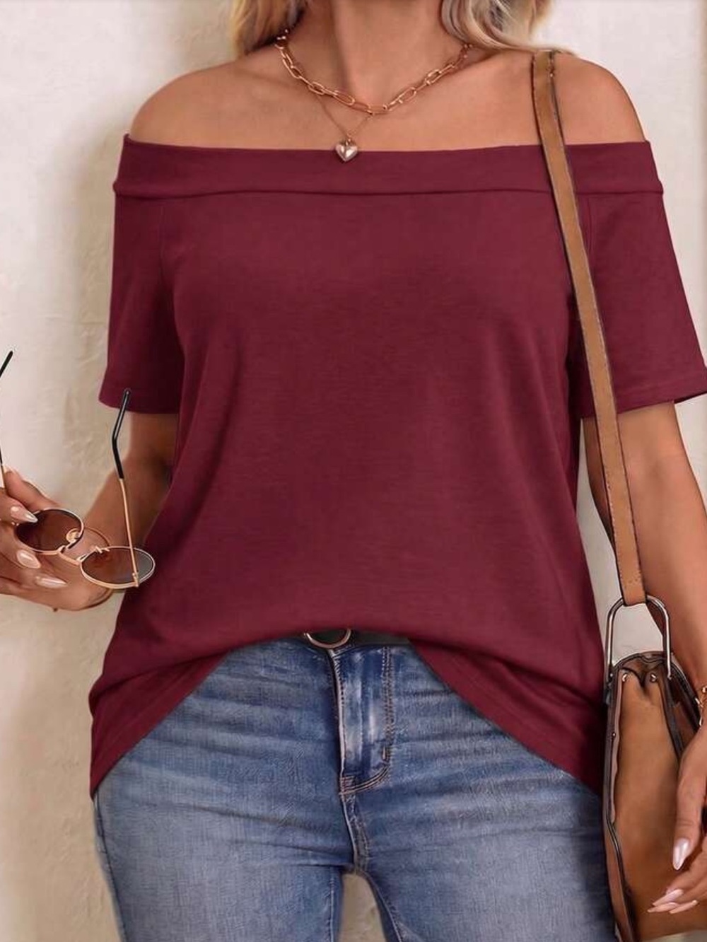 Off-Shoulder Short Sleeve Top in Burgundy